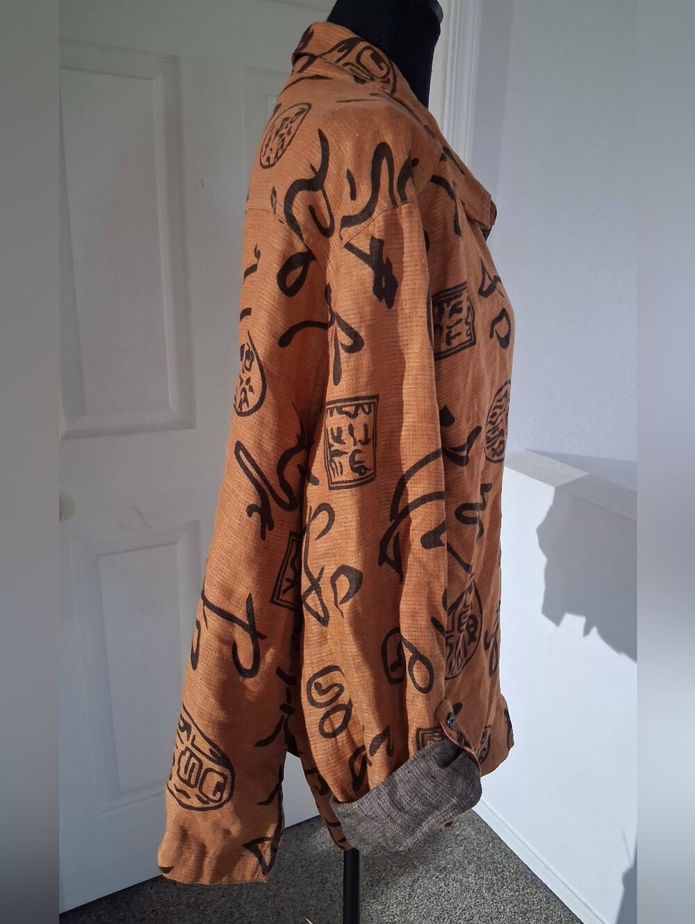 Rust-Brown Printed Linen Button-Up Blouse - Picture 5 of 8